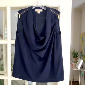 Navy silk blouse by Michael Kors, gold zipper details at shoulder